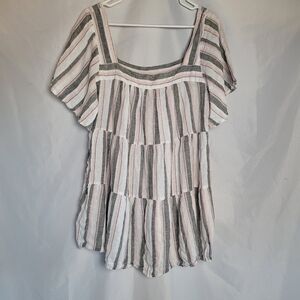 Terra & Sky Women's Linen Blend Summer Resortwear Striped Square Neck Blouse 1X